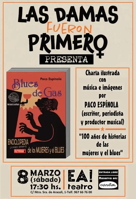Cartel anunciador del Día Internacional de la Mujer con «Blues de Gas. Enciclopedia de las mujeres y el blues (1920-2020)» - https://www.allanamientodemirada.com/dia-internacional-de-la-mujer-con-blues-de-gas/